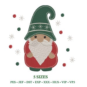 May include: Embroidered Christmas gnome with a green hat and white beard, wearing a red coat. The design includes snowflakes and small red and green circles. The text "5 SIZES" is at the bottom, along with file type abbreviations.