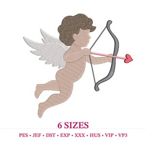 May include: An embroidered design of Cupid, a cherubic figure with wings, holding a bow and arrow with a heart-shaped tip. The design is in shades of tan, brown, and gray, with the text "6 SIZES" below.