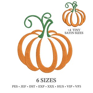 Può includere: Un disegno da ricamo a forma di zucca arancione con steli verdi e viticci ricci. L'immagine mostra una zucca grande e una versione più piccola, con il testo +4 TINY SATIN SIZES, 6 SIZES, e i formati PES, JEF, DST, EXP, XXX, HUS, VIP, VP3.