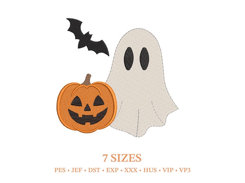 Halloween Celebration Ghost Embroidery Design – Autumn Designs Bat and Pumpkin (Machine File) image 1