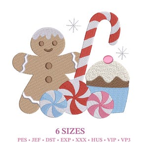 May include: An embroidered design featuring a gingerbread man, candy cane, cupcake, and spiral candies in shades of brown, red, white, blue, and pink. The text "6 SIZES" is below the image, along with file type abbreviations.