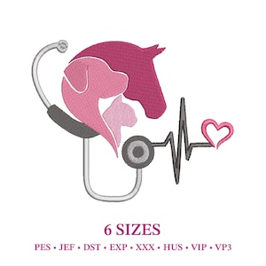 Könnte beinhalten: Ein rosa-weißes Tiermotiv mit Stethoskop, Herzschlaglinie mit Herz und Silhouetten von Hund, Katze und Pferd. Der Text "6 GRÖSSEN" steht darunter, zusammen mit Dateityp-Abkürzungen.