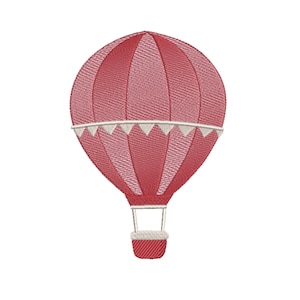 Puede incluir: Un globo aerostático rojo con ribetes blancos y una cesta. El globo tiene un patrón a rayas.