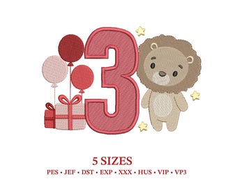 Birthday 3 Baby Boy Embroidery Design - Lion with Balloons and Gifts (Digital Machine Embroidery File)