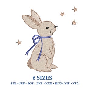 Baby Boy Bunny Embroidery Design - Rabbit with Ribbon and Stars (Machine File Digital Download)