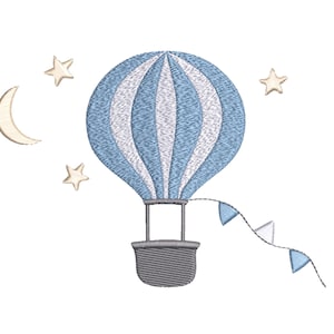 Diseño de bordado para bebé niño y niña, globo aerostático, estrellas y luna, diseños infantiles minimalistas, archivo de bordado a máquina, descarga DIGITAL