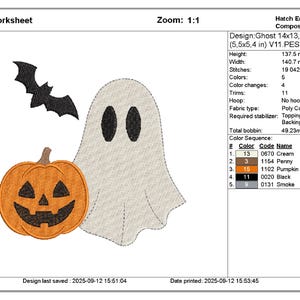 cute and spooky October festival ghost embroidery design with carved pumpkin and bat