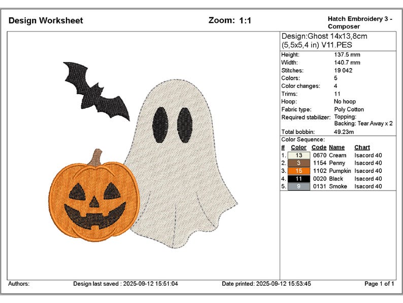 cute and spooky October festival ghost embroidery design with carved pumpkin and bat