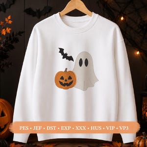 Halloween Celebration Ghost Embroidery Design – Autumn Designs Bat and Pumpkin (Machine File) image 2
