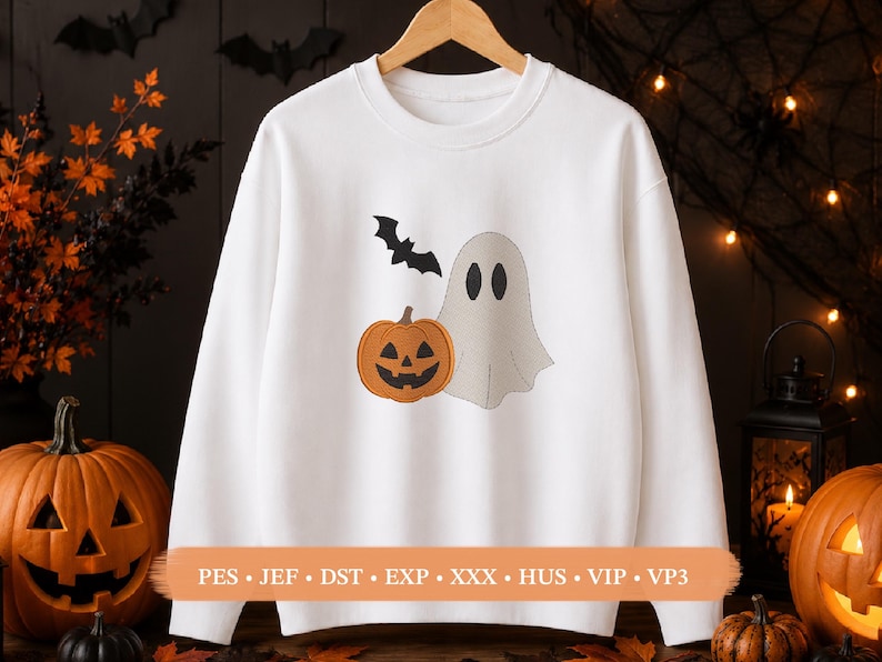 Halloween Celebration Ghost Embroidery Design – Autumn Designs Bat and Pumpkin (Machine File) image 2