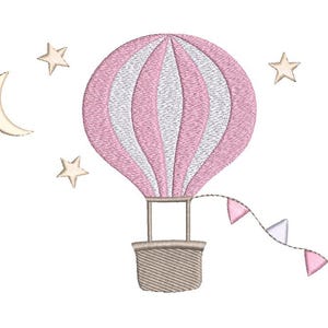 hot air balloon with pennants surrounded by 3 stars and crescent moon