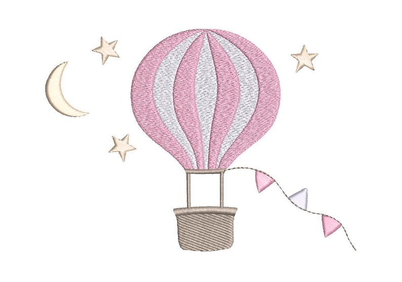 hot air balloon with pennants surrounded by 3 stars and crescent moon