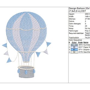 Minimalistic hot air balloon embroidery design file  with sky inspired pastel tones. Two tone delicate  hot air balloon with bunting flags