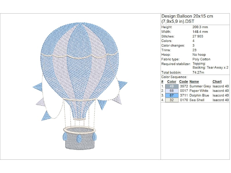 Minimalistic hot air balloon embroidery design file  with sky inspired pastel tones. Two tone delicate  hot air balloon with bunting flags