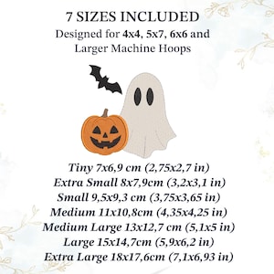An embroidery design featuring a beige ghost, an orange jack-o'-lantern, and a black bat. Text includes 6 SIZES INCLUDED, Designed for 4x4, 5x7, 6x6, 6x10 and Larger Machine Embroidery Hoops