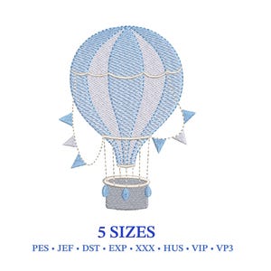 May include: Embroidered design of a blue and white hot air balloon with a basket and decorative pennants. The text "5 SIZES" is below the balloon, along with file type abbreviations.