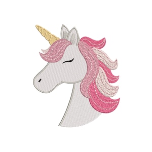 May include: Embroidered design of a white unicorn with pink and white mane and a gold horn. The unicorn has its eyes closed.