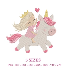 May include: An embroidered design featuring a girl in a pink dress and a gold crown riding a unicorn. The unicorn has a pink mane and tail, and a yellow horn. A pink heart floats above them. The text "5 SIZES" is below the image.