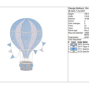 Delicate embroidery designs featuring hot air balloon with soft blue details and decorative flags