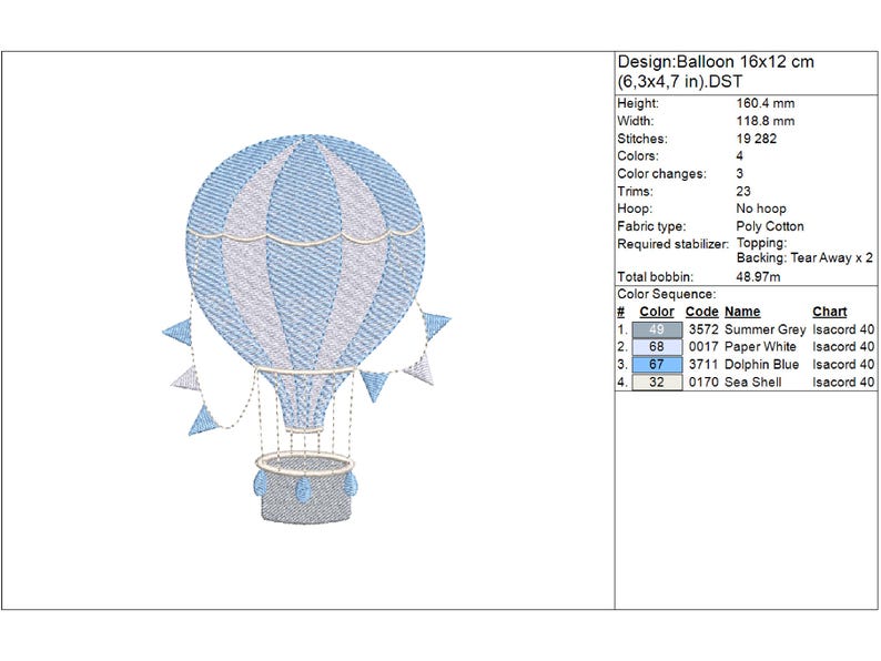 Delicate embroidery designs featuring hot air balloon with soft blue details and decorative flags