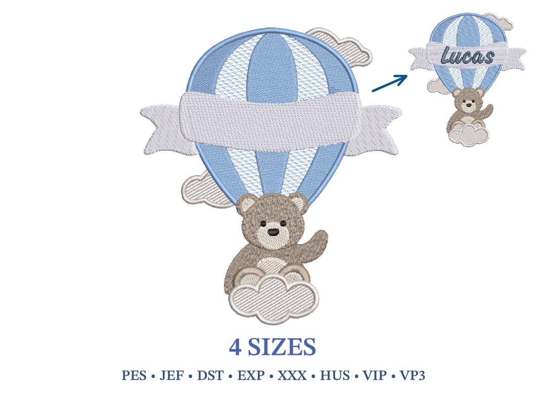 Baby Boy Teddy Bear Hot Air Balloon Embroidery Design (mashine Digital ...