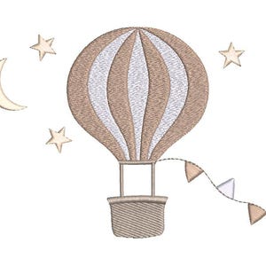 hot air balloon design for baby embroidery projects - nursery decor, babyshower gifts, design features 2 colours striped balloon with pennants, surrounded by 3 stars and half moon
