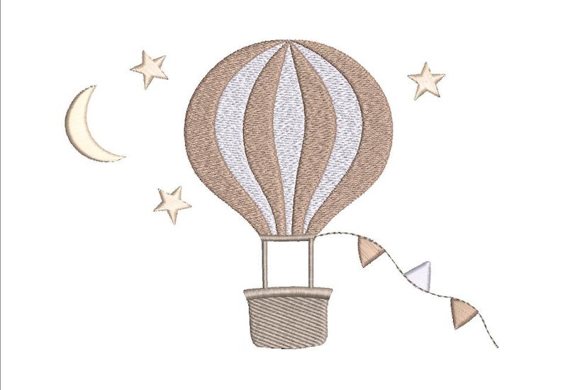 hot air balloon design for baby embroidery projects - nursery decor, babyshower gifts, design features 2 colours striped balloon with pennants, surrounded by 3 stars and half moon