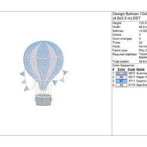 baby boy embroidery design file of a blue hot air balloon with basket and decorative flags