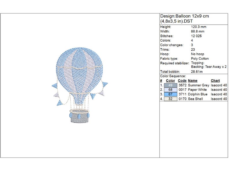 baby boy embroidery design file of a blue hot air balloon with basket and decorative flags