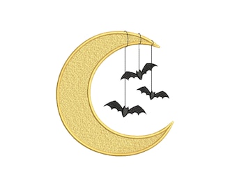 Halloween Bats Hanging on a Crescent Moon Embroidery Design: Spooky Gothic Design File  (Digital Download)