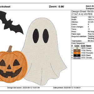 cute ghost with bat and carved pumpkin embroidery design for baby boy and girl