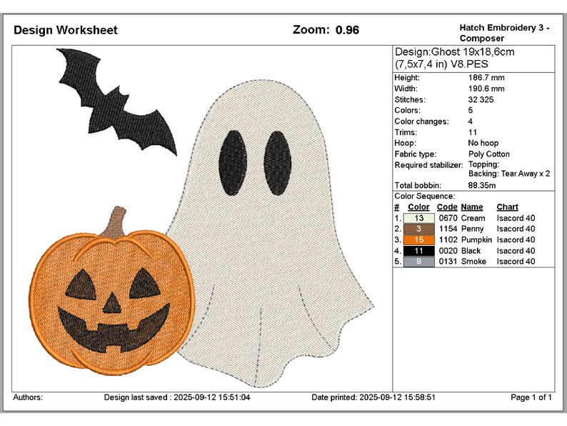 cute ghost with bat and carved pumpkin embroidery design for baby boy and girl