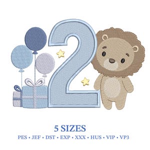 May include: An embroidered design featuring a light blue number 2, a lion cub, balloons, a gift, and stars. The design is suitable for a second birthday celebration. The text "5 SIZES" is displayed below the design.