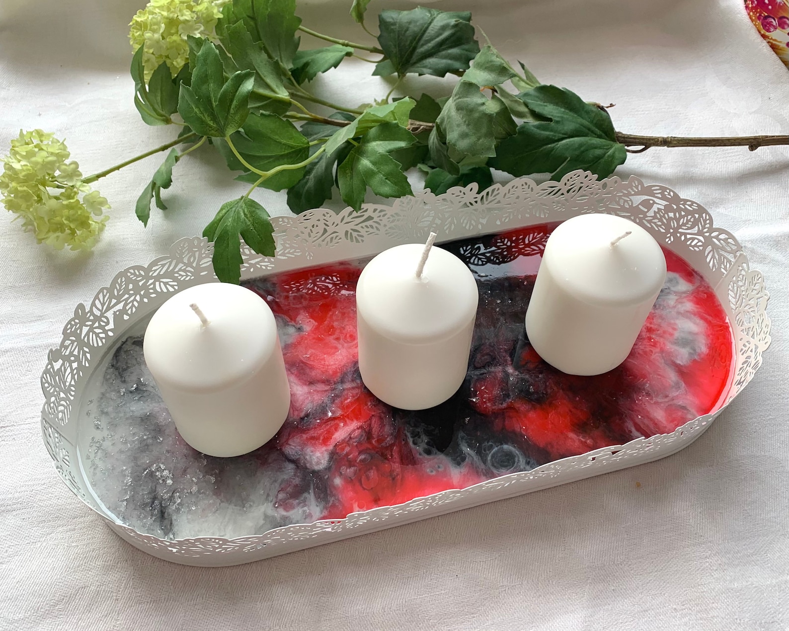Set Candle tray with 3 small white candles tray and candle Etsy