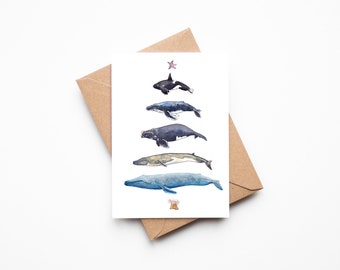 Whales Shaped Like a Christmas Tree Ocean Themed Holiday Card