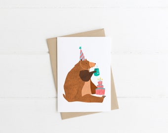 Happy Birthday Bear Drinking Tea Blank Card