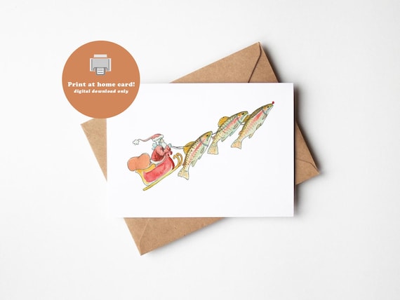 Printable 5x7 Funny Fishing Christmas Card, Fish Pulling Santa Sleigh Rudolph Digital Download