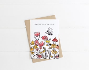 Bee and Flowers Thank You Card, Original Artwork
