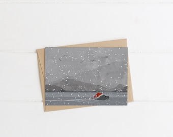 West Coast Christmas Card Seal Santa Hat in The Snow Rain Blank Card