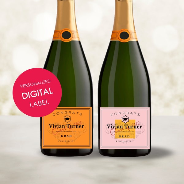 Étiquette de champagne de graduation personnalisée numérique PDF, orange ou rosé, fichier imprimable pour cadeau diy grad