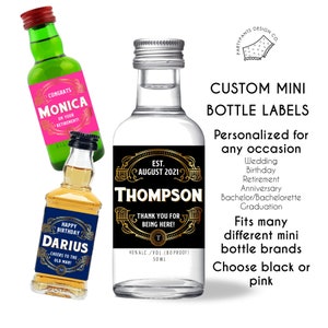 Mini Liquor Bottle Labels for Wedding Birthday | Vintage Black & Gold Design | Fits Vodka, Whiskey, Rum Airplane Bottles | Vinyl Stickers