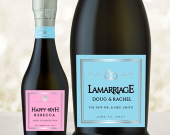 Personalized Blue Prosecco Bottle Labels, Printed Peel & Stick Label or DIY Digital PDF File, Wedding Graduation Birthday Baby and More