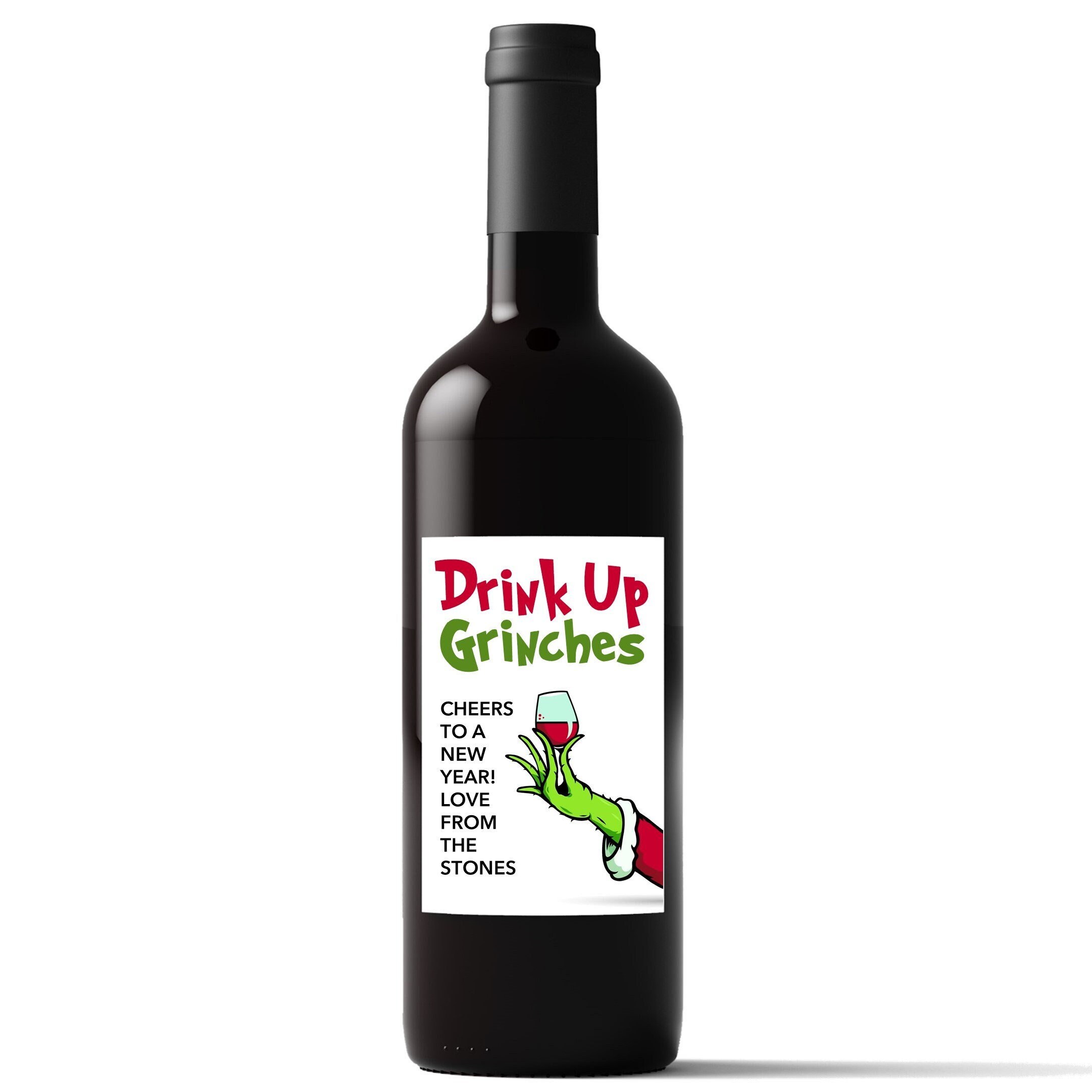 Drink Up Grinches Personalized Christmas Wine Bottle Labels, Custom Liquor Holiday Gift Tag Stickers