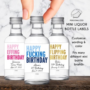 Happy Fucking Birthday Mini Liquor Bottle Labels | Fits Many 50ml Nips Bottles | 21st 30th 40th Birthday Party Decorations