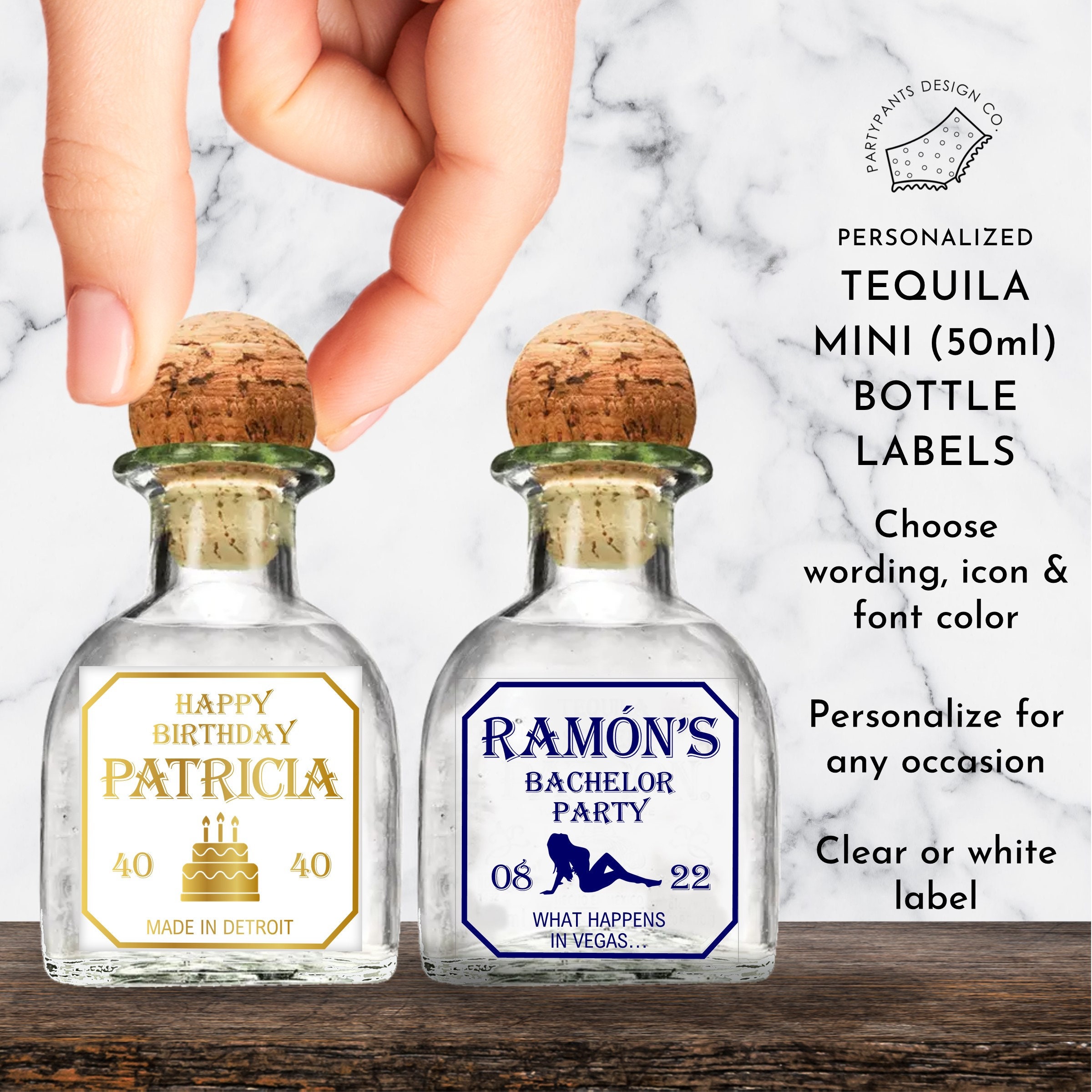 Personalized Tequila Mini 50ml Shot Bottle Labels | White or Clear | Choose  Wording Font Color & Icon