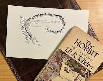 Smaug Ink Illustration with Hand-Typed J.R.R. Tolkien Quote