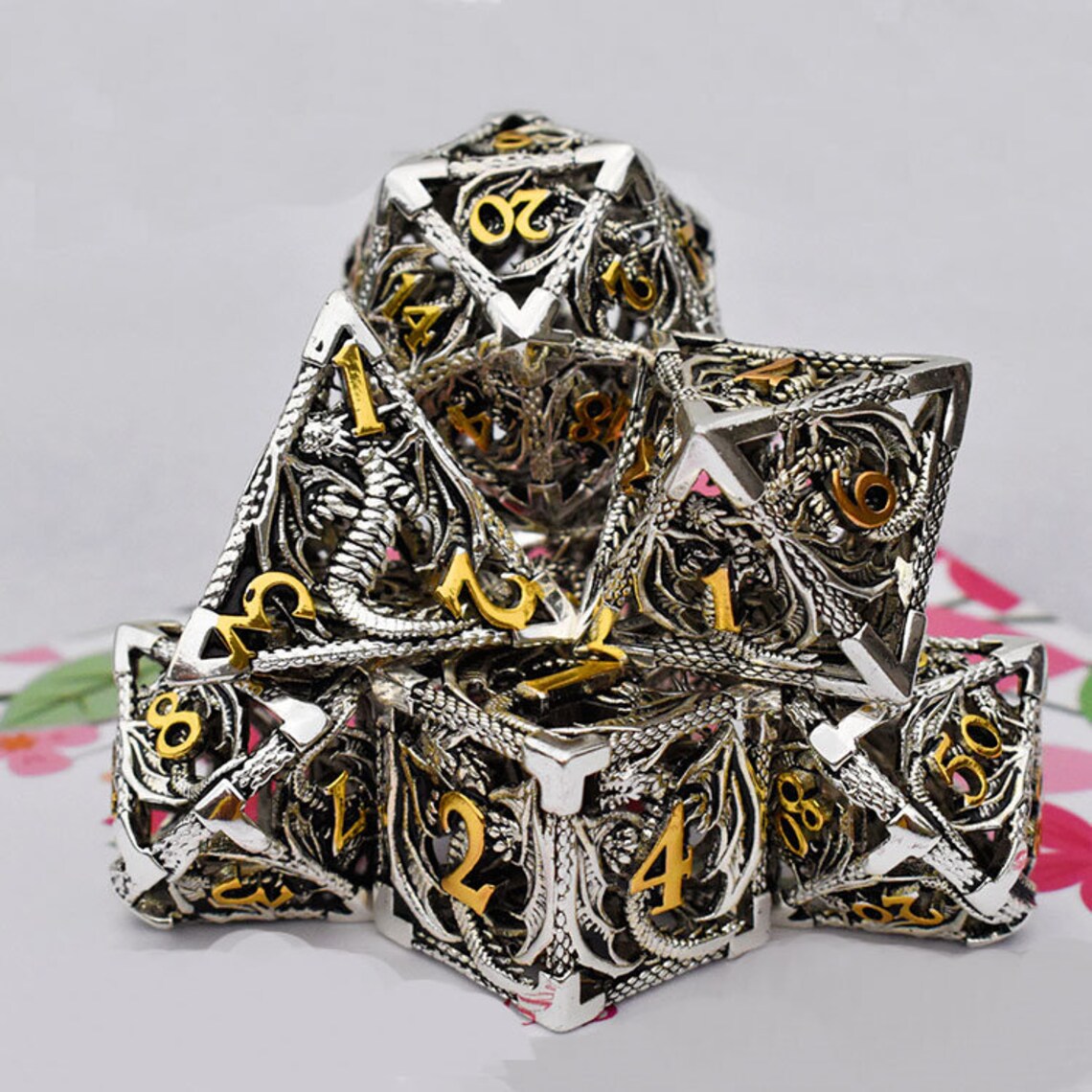 Dragon Pattern Dice Dragon Silver Hollow Dice Set Metal Dice Etsy