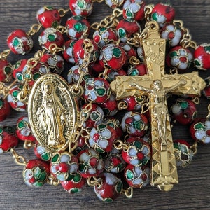 Exquisite Handmade Gold Rosary with Unique Red Cloisonne Beads
