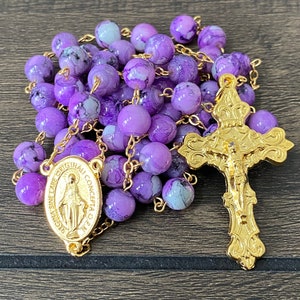 Purple and Black Spun Glass Rosary in Gold
