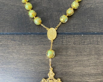 Sacred Travels: Handmade Gold Car Rosary with Light Green Murano Glass Beads